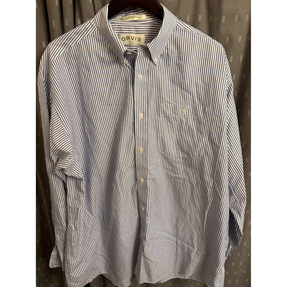 Orvis Mens Blue White Striped Button Down Shirt Long Sleeve Cotton Large